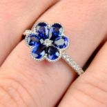 An 18ct gold sapphire and diamond floral ring.Total sapphire weight 1.54cts.Total diamond weight