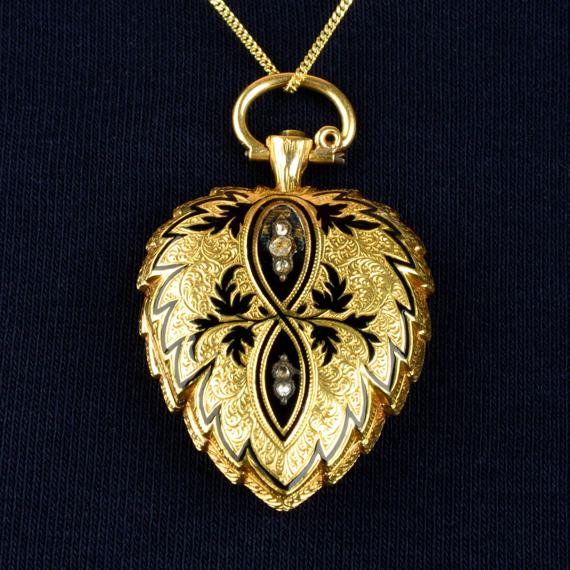 A 19th century 18ct gold black enamel and rose-cut diamond leaf pocket watch.