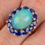 An opal, sapphire and diamond cluster ring.