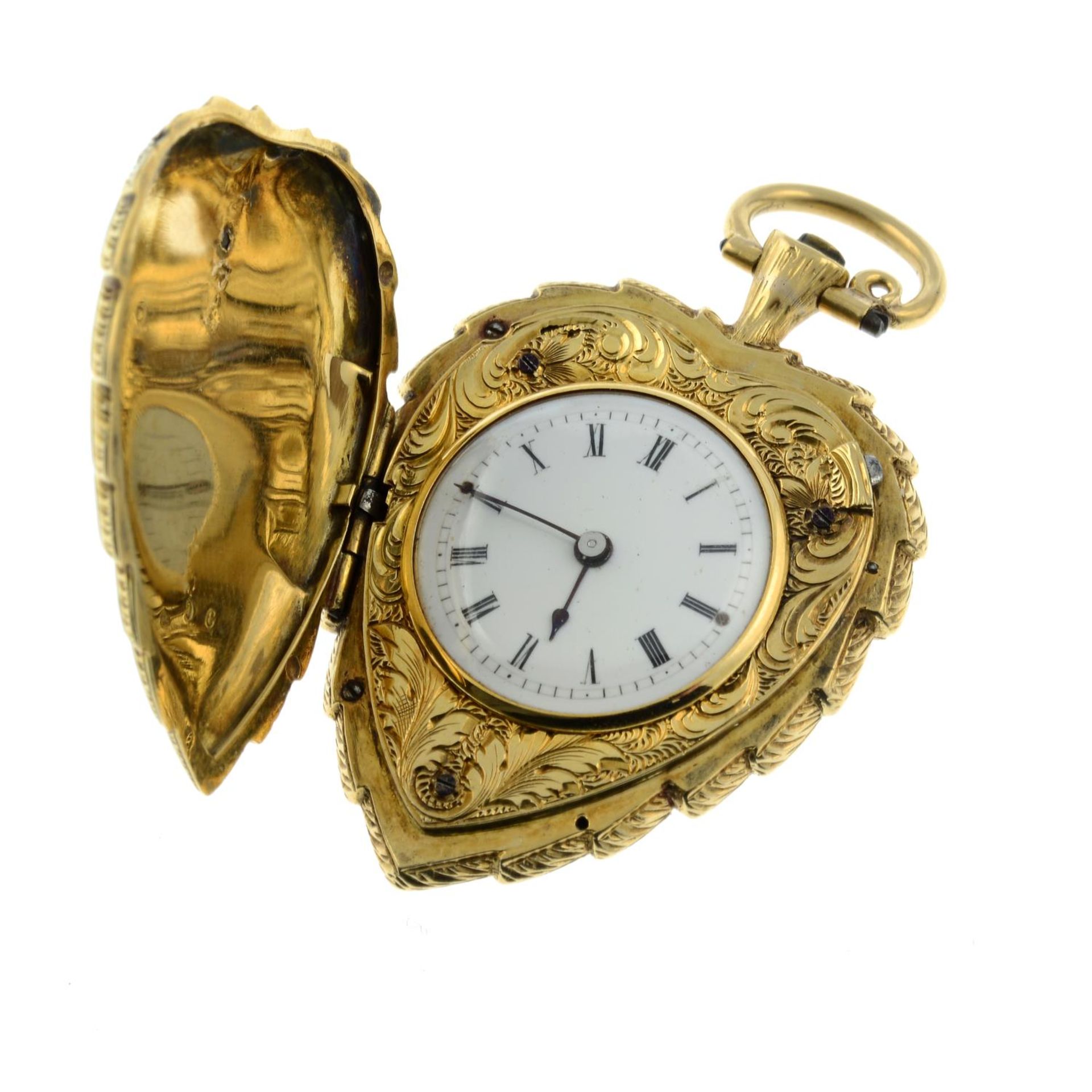 A 19th century 18ct gold black enamel and rose-cut diamond leaf pocket watch. - Bild 5 aus 6