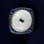 A pair of 18ct gold sapphire and mother-of-pearl cufflinks.