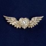 A late Victorian silver and gold, old and rose-cut diamond winged heart brooch.Length 4cms.