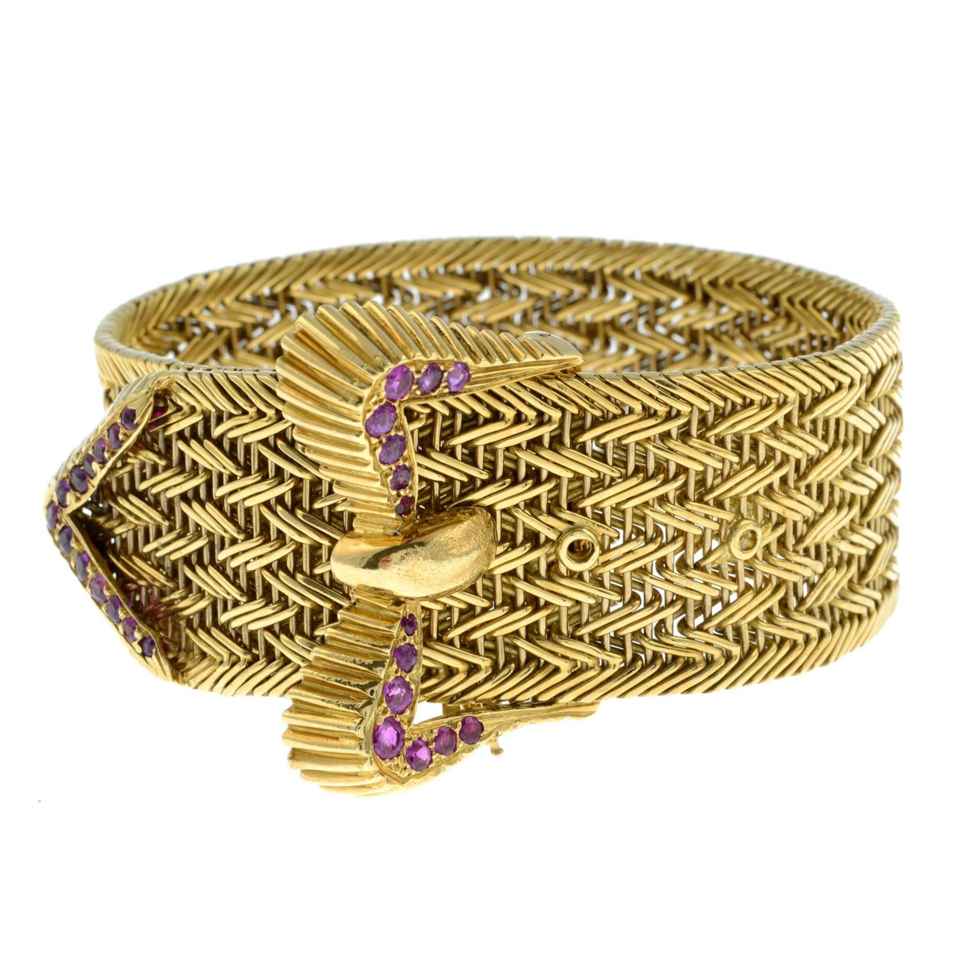 A 1960s 18ct gold ruby buckle bracelet, by Kutchinsky.Hallmarks for London, 1969. - Image 2 of 5