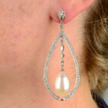 A pair of cultured pearl and vari-cut diamond drop earrings.