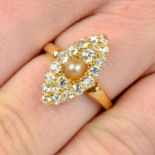An early 20th century 18ct gold split pearl and old-cut diamond marquise-shape ring.Estimated total