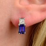 A pair of 18ct gold tanzanite and square-shape diamond stud earrings.Tanzanite total weight