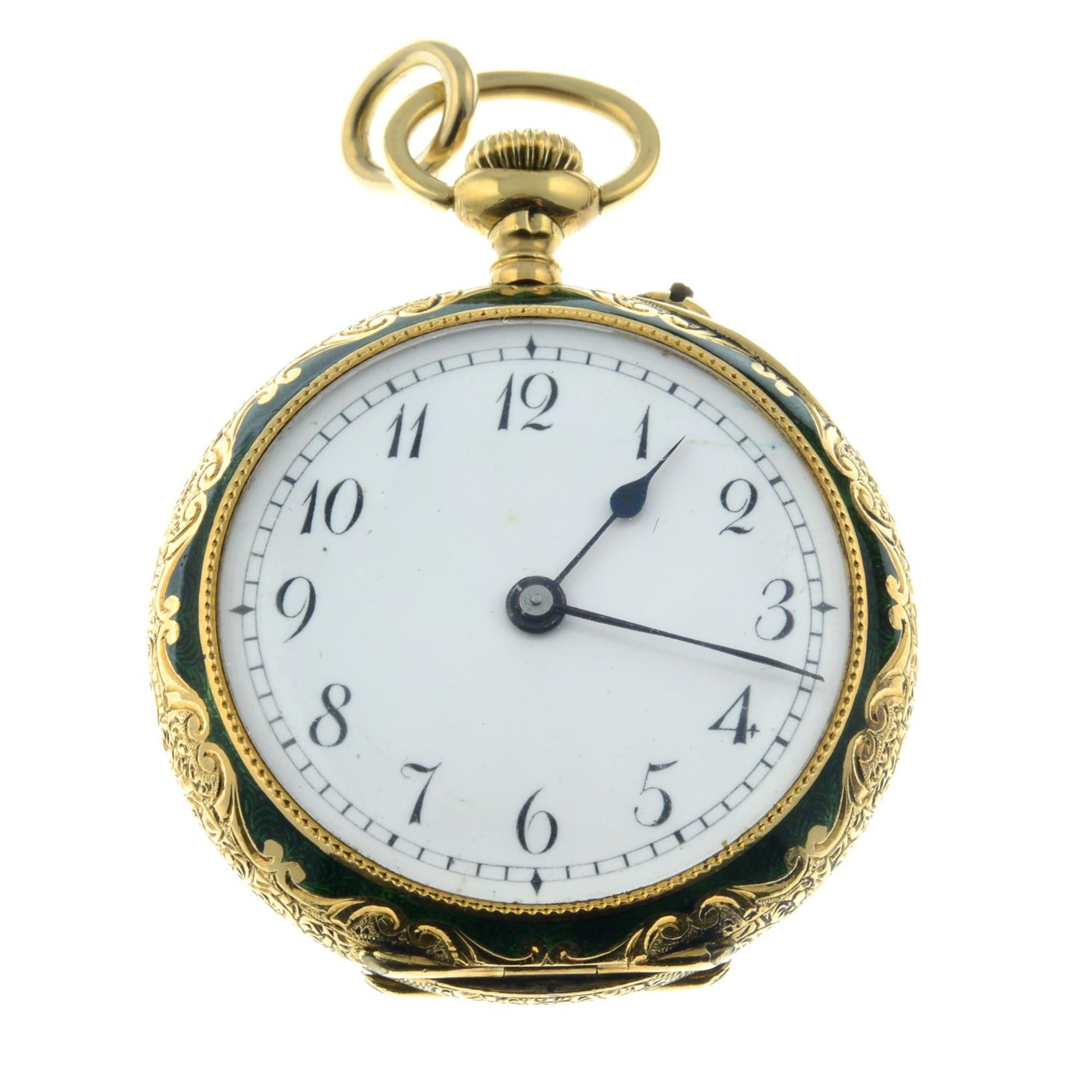 An early 20th century 18ct gold enamel half hunter pocket watch, depicting a seaside sunset. - Image 4 of 5