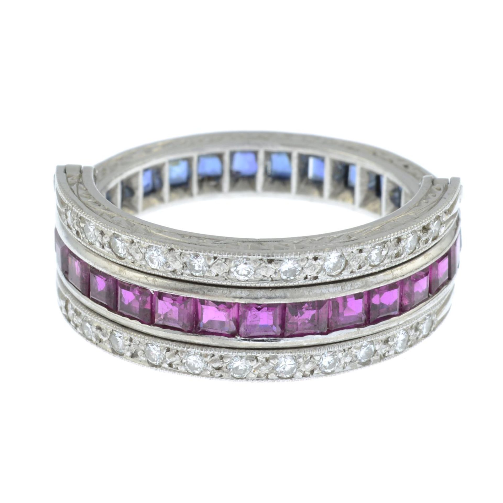 An 18ct gold sapphire and ruby full eternity ring, with pavé-set diamond hinged sides. - Bild 6 aus 6