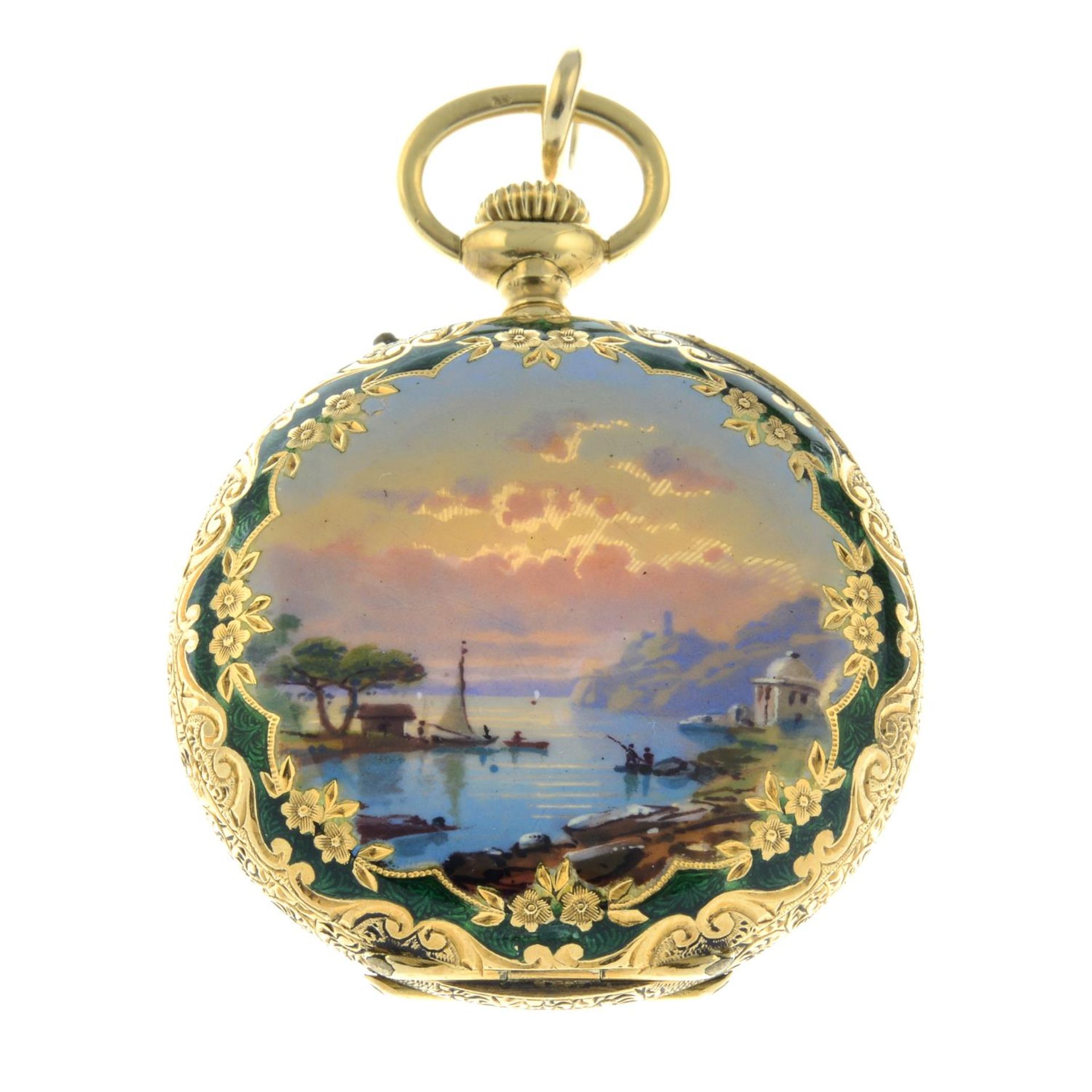 An early 20th century 18ct gold enamel half hunter pocket watch, depicting a seaside sunset. - Image 2 of 5
