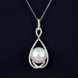 An 18ct gold cultured pearl and brilliant-cut diamond pendant,