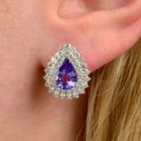 A pair of tanzanite and diamond cluster earrings.