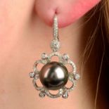 A pair of cultured pearl and diamond floral cluster drop earrings.