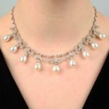 A cultured pearl and diamond fringe necklace.