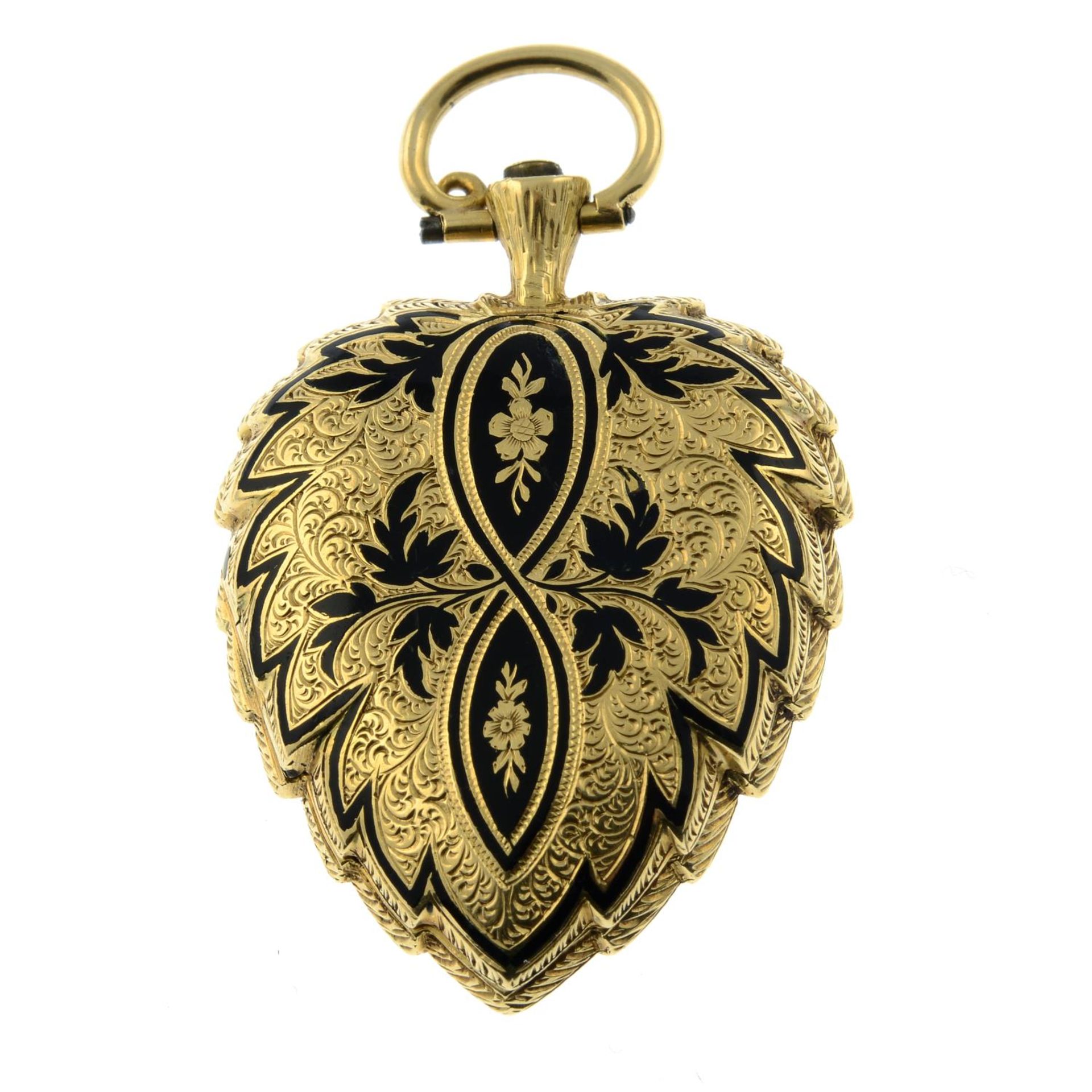 A 19th century 18ct gold black enamel and rose-cut diamond leaf pocket watch. - Bild 4 aus 6