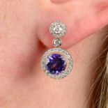 A pair of 18ct gold tanzanite and diamond cluster drop earrings.