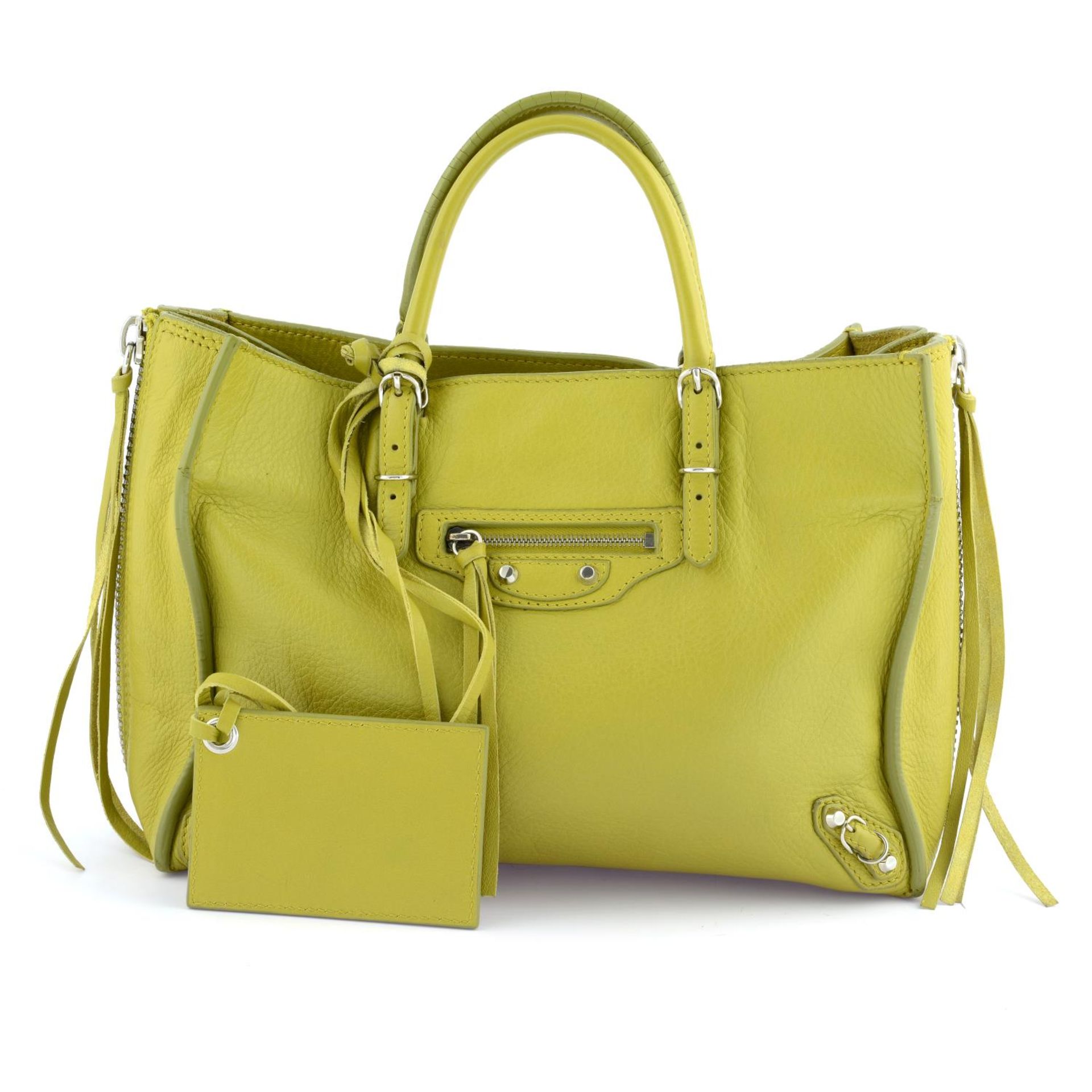 BALENCIAGA - a chartreuse leather Papier A6 handbag.