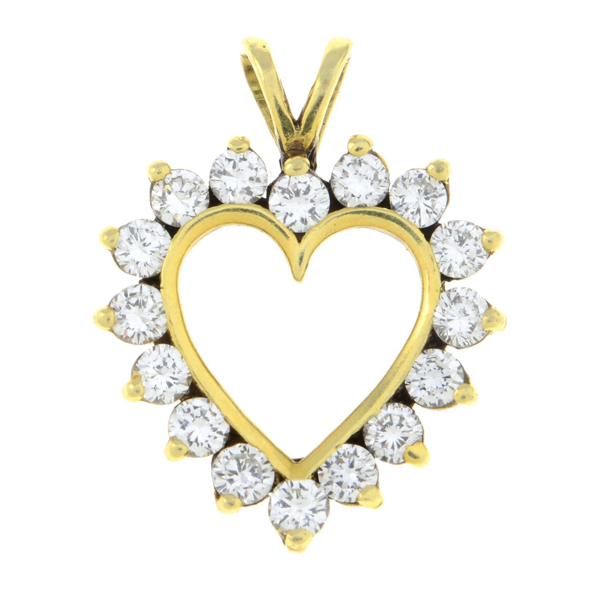 A diamond heart pendant.Estimated total diamond weight 0.95ct, H-I colour, SI clarity.Stamped 14K.