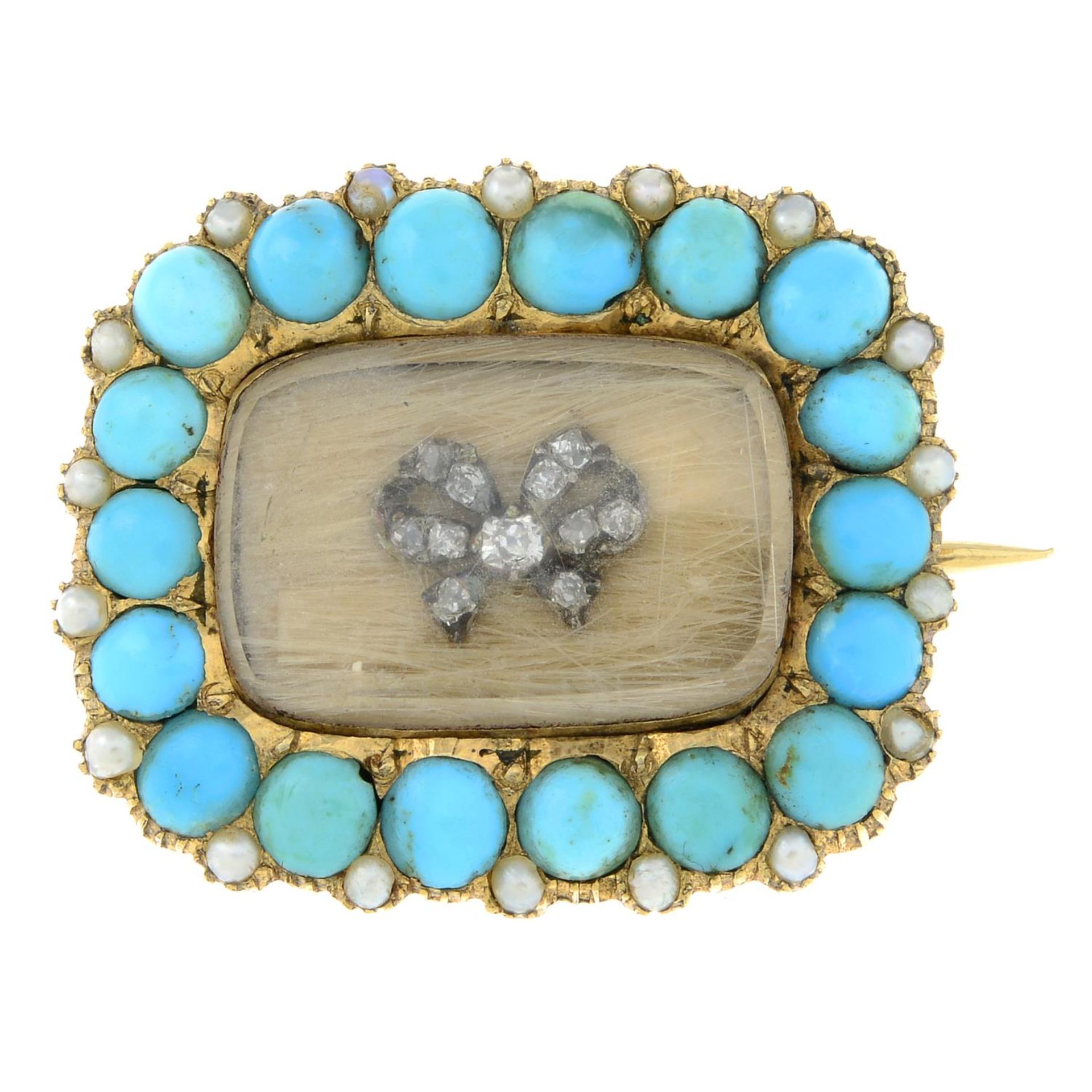 A mid 19th century gold turquoise, split pearl, diamond and hair memorial brooch.Length 2.5cms.