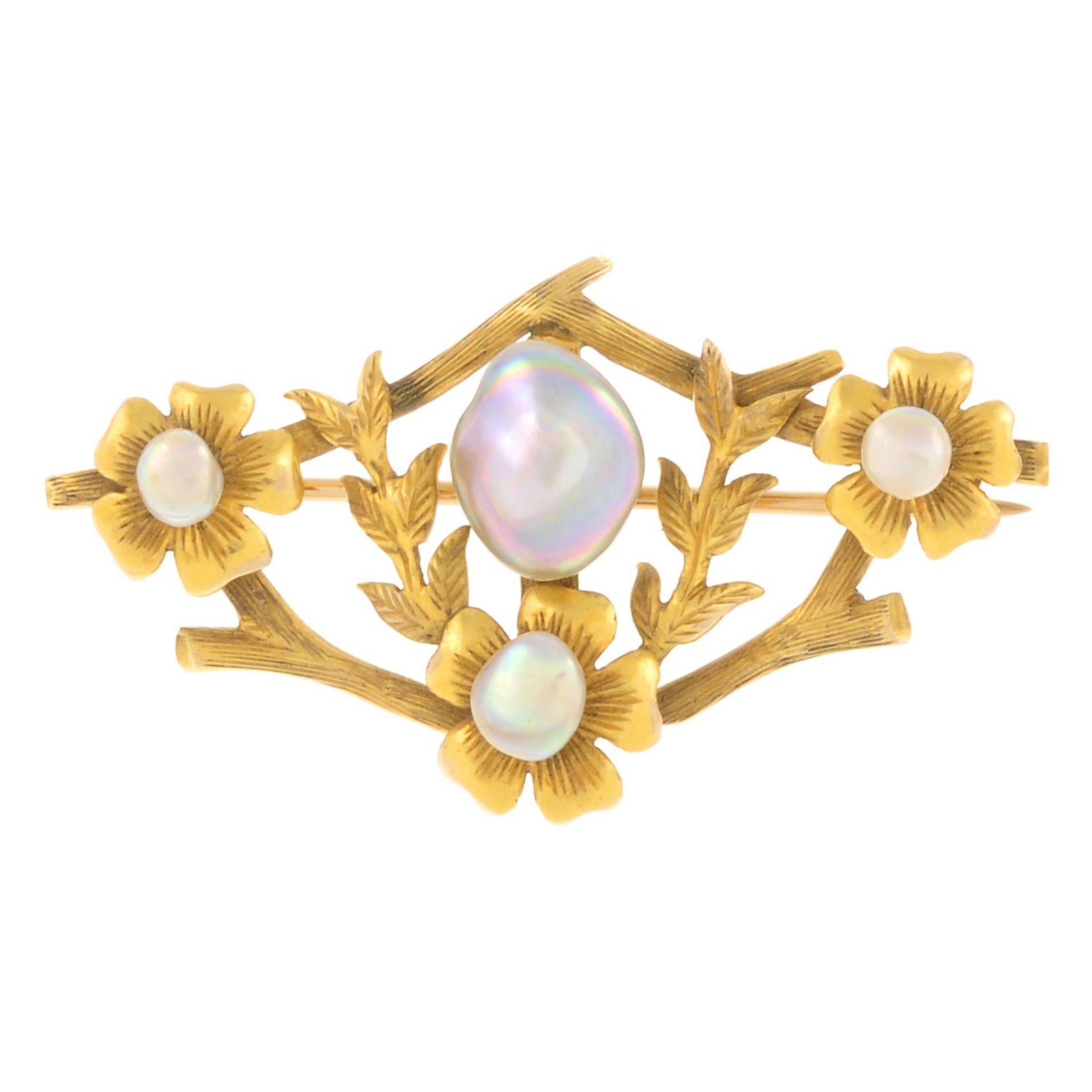 Early 20th century gold seed pearl and turquoise heart bar brooch,