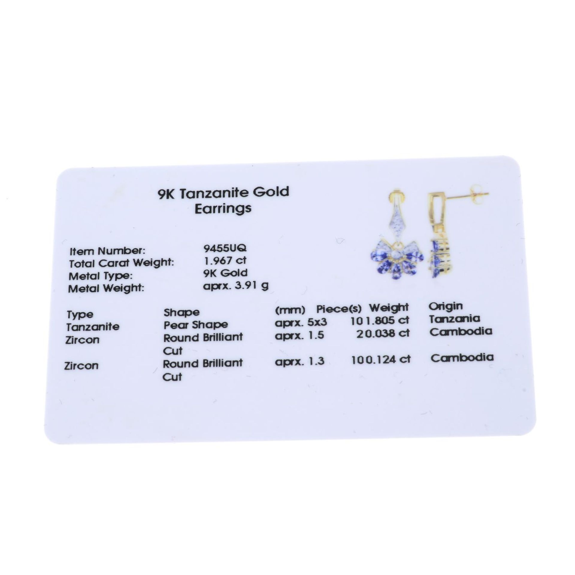 A pair of 9ct gold tanzanite and zircon earrings.Hallmarks for Birmingham. - Image 3 of 3