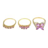 18ct gold vari-shape pink sapphire five-stone ring, hallmarks for 18ct gold, ring size N, 2.5gms.