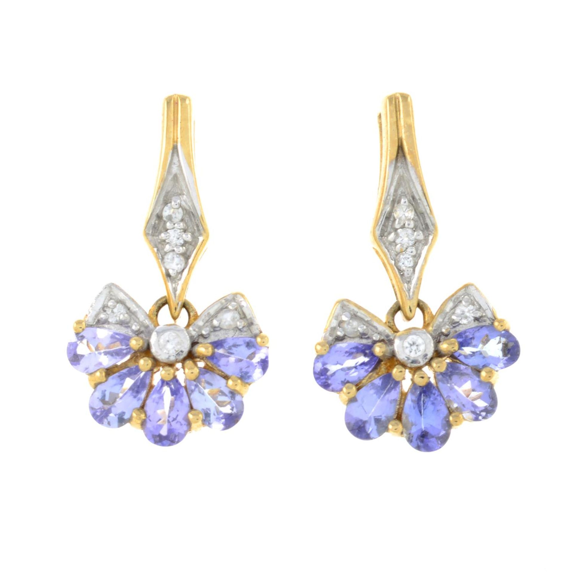 A pair of 9ct gold tanzanite and zircon earrings.Hallmarks for Birmingham.