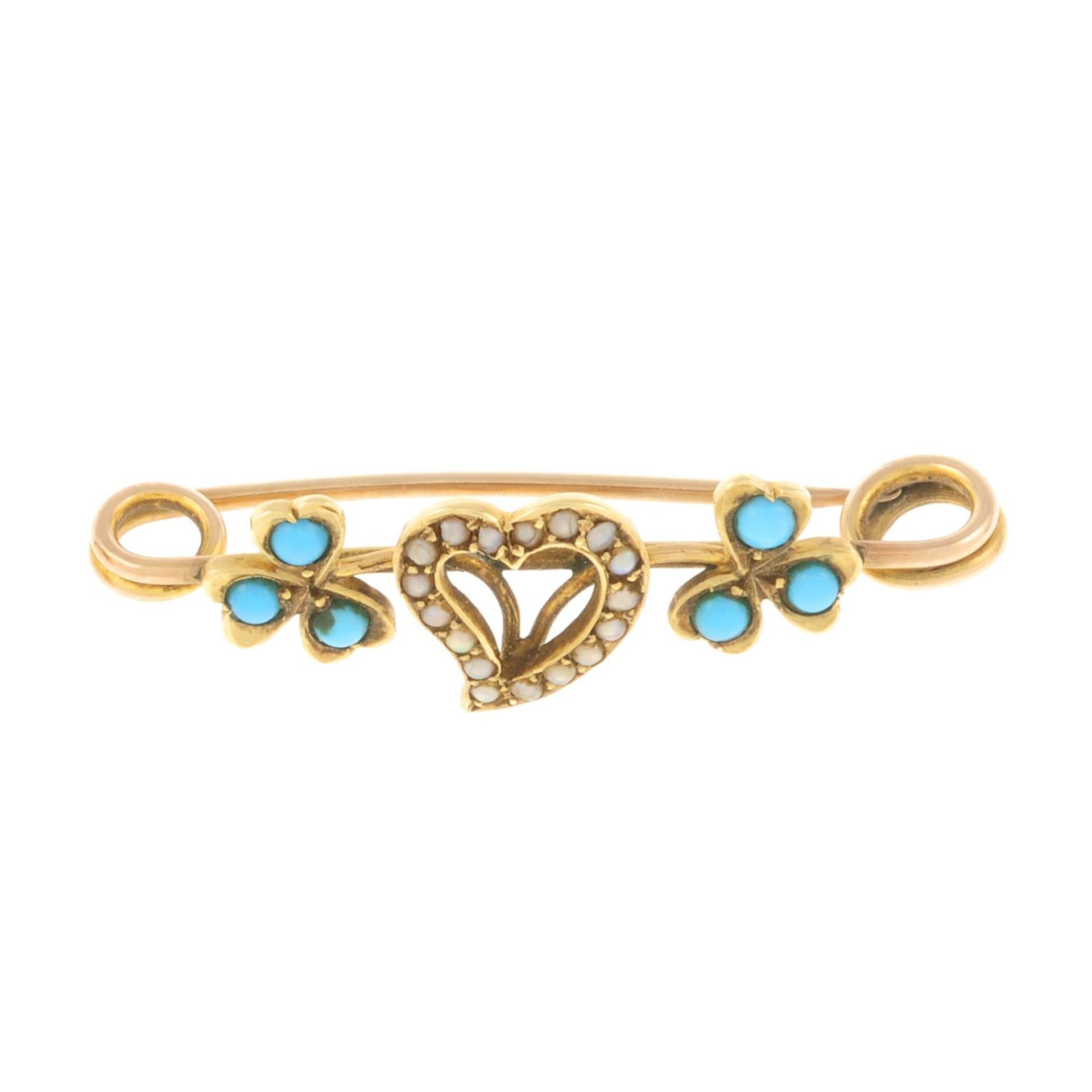 Early 20th century gold seed pearl and turquoise heart bar brooch, - Image 2 of 4