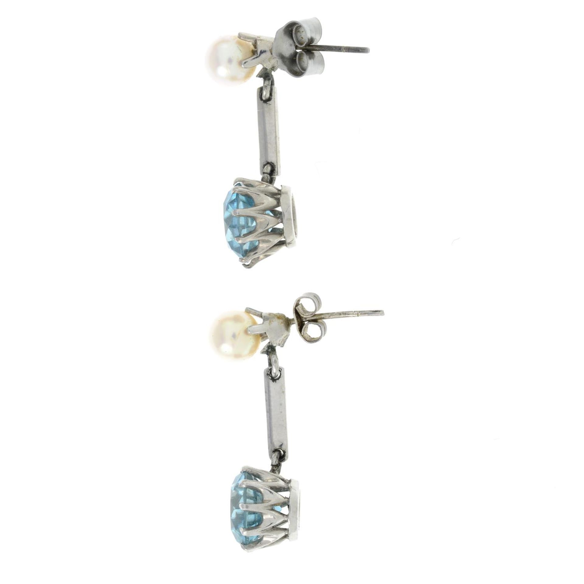 A pair of blue zircon and cultured pearl earrings.Length 2.4cms. - Image 2 of 2