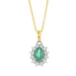 An 18ct gold emerald and diamond cluster pendant, with 18ct gold chain.Emerald weight 0.43ct.