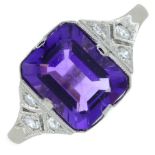 An amethyst and diamond dress ring.Amethyst calculated weight 2.03cts,