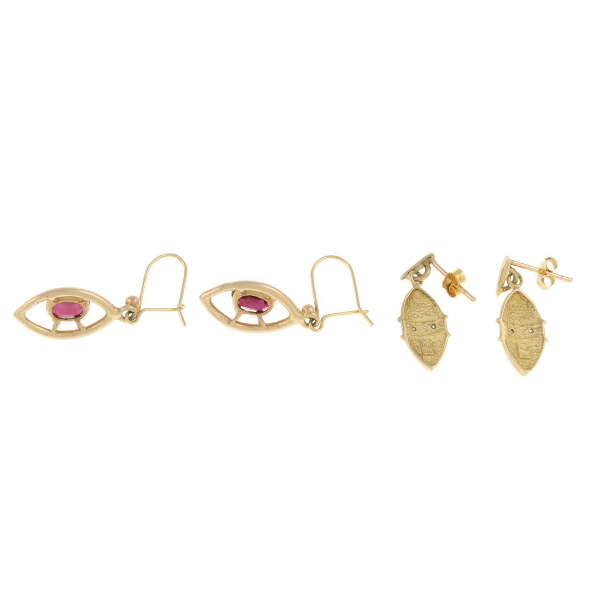 Diamond drop earrings, stamped 9k, length 2.3cms, 2.4gms. - Image 2 of 2