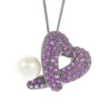 An 18ct gold pink sapphire and cultured pearl openwork heart pendant,