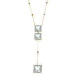 A 14ct gold aquamarine and brilliant-cut diamond necklace.Estimated total diamond weight