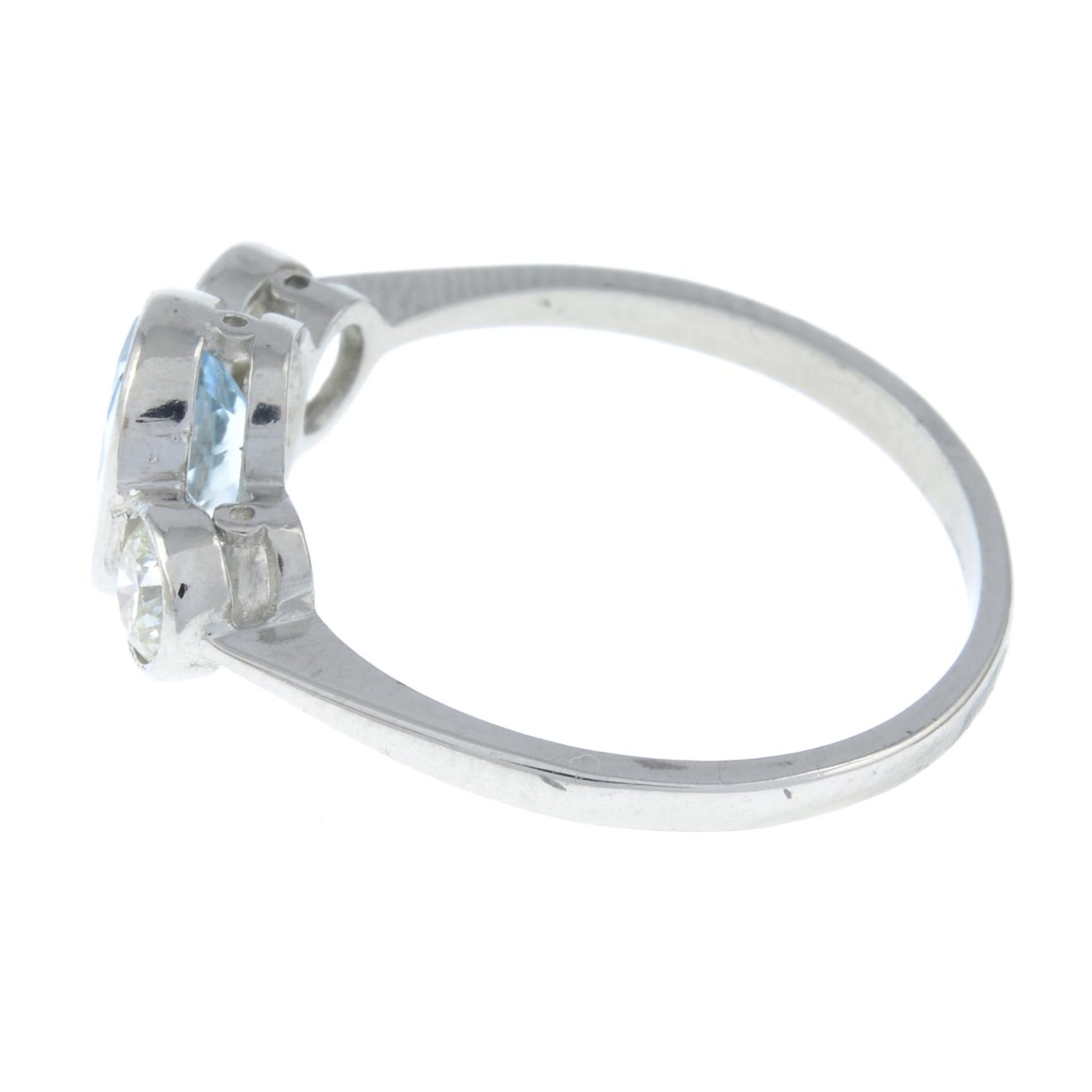 An aquamarine and diamond three-stone ring.Aquamarine calculated weight 1.07cts, - Image 2 of 3