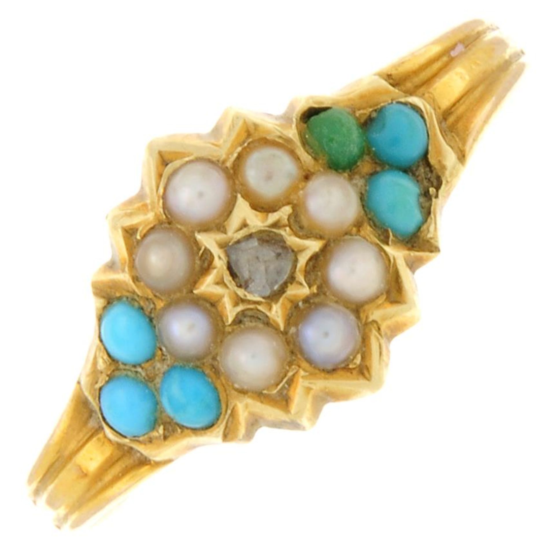 A late Victorian 15ct gold turquoise, split pearl and rose-cut diamond ring.