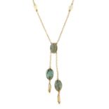 An early 20th century 15ct gold turquoise and freshwater pearl necklace.Stamped 15ct.