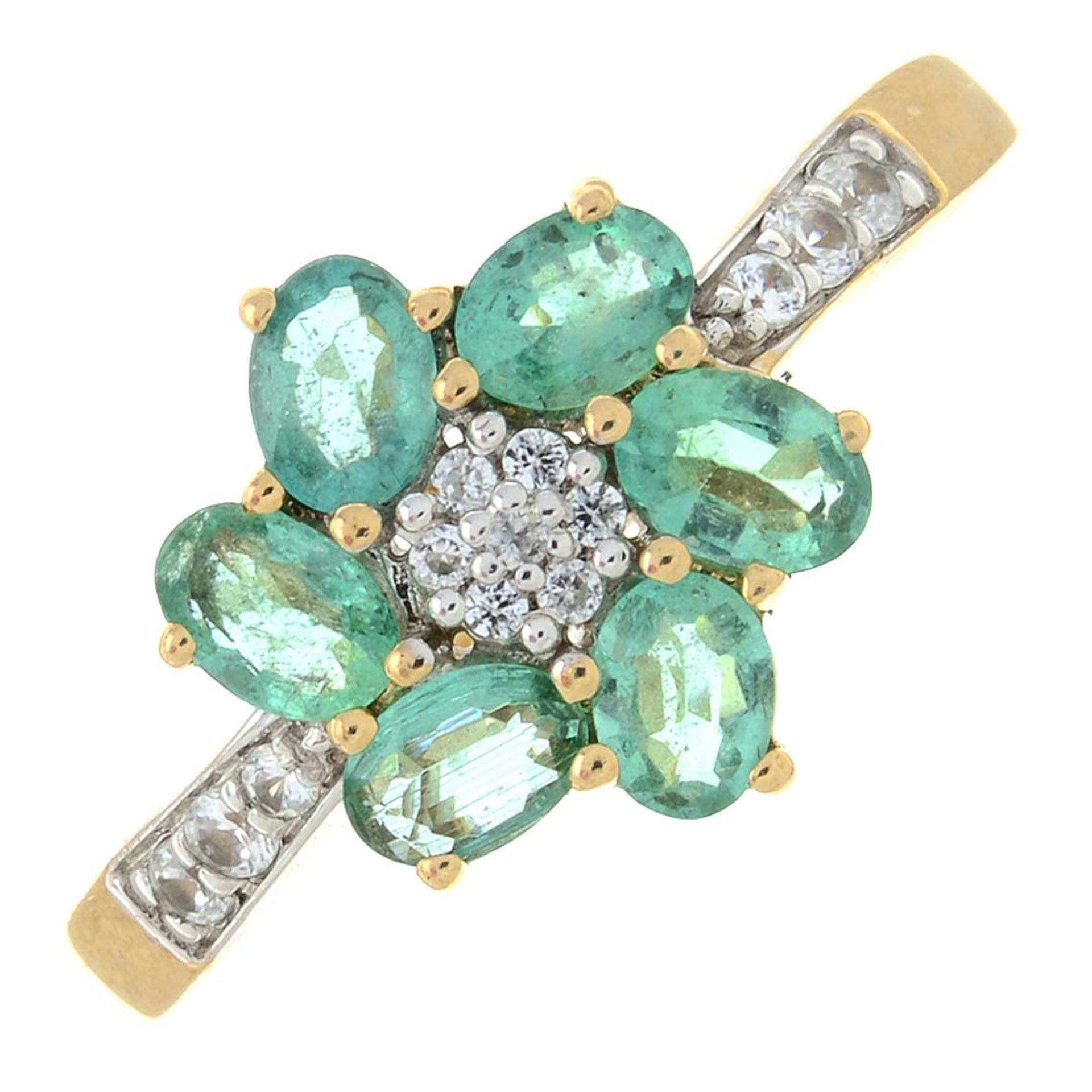 A 9ct gold emerald and cubic zirconia cluster ring.Hallmarks for Birmingham.