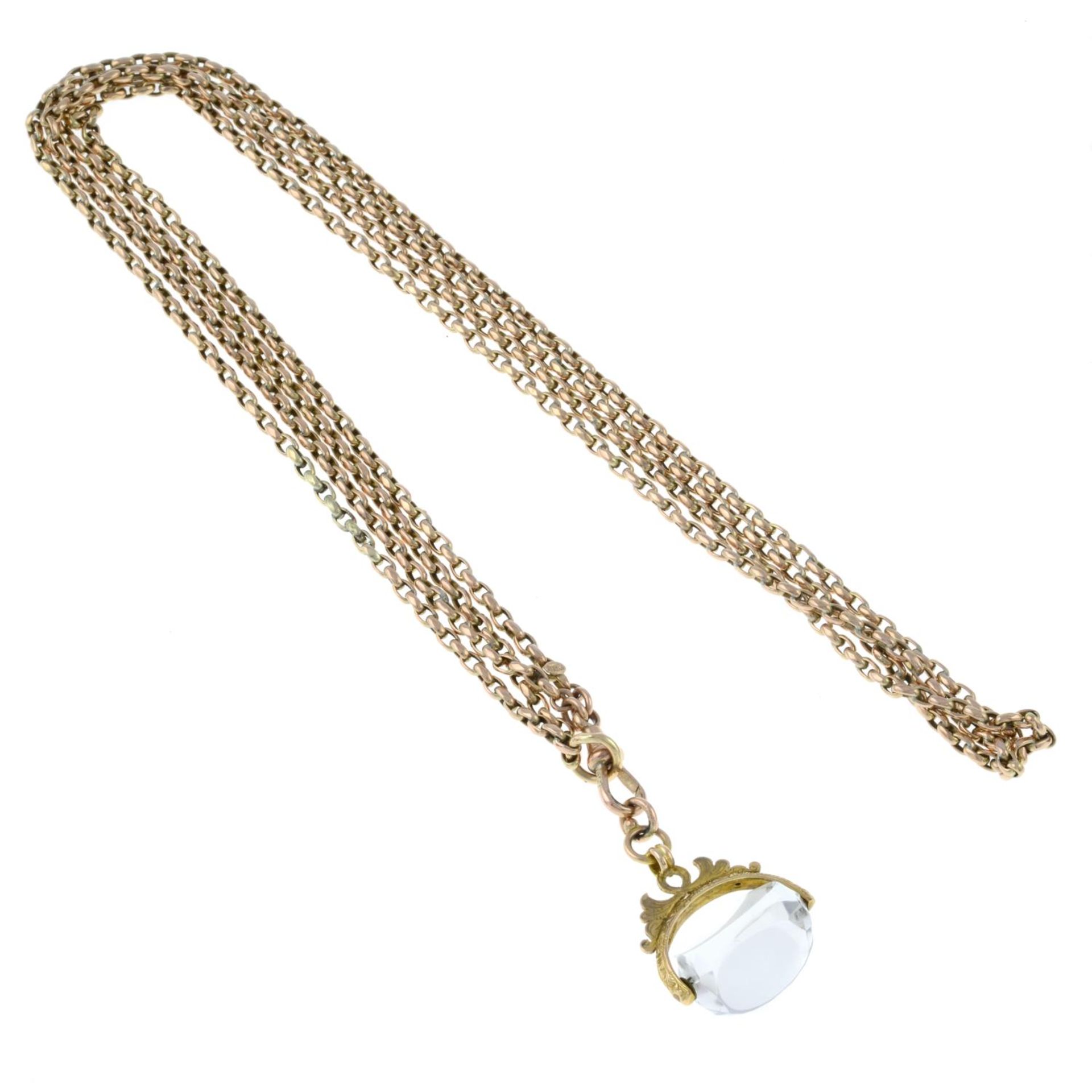 An early 20th century 9ct gold chain with rock crystal detachable fob.Stamped 9ct.Length of chain - Image 2 of 2