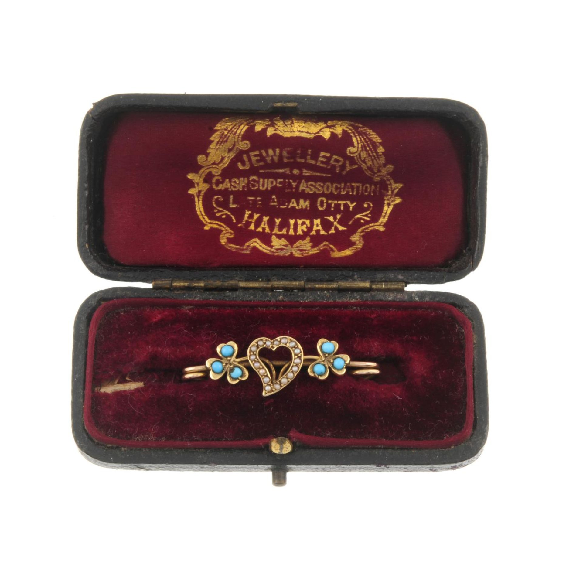 Early 20th century gold seed pearl and turquoise heart bar brooch, - Image 3 of 4