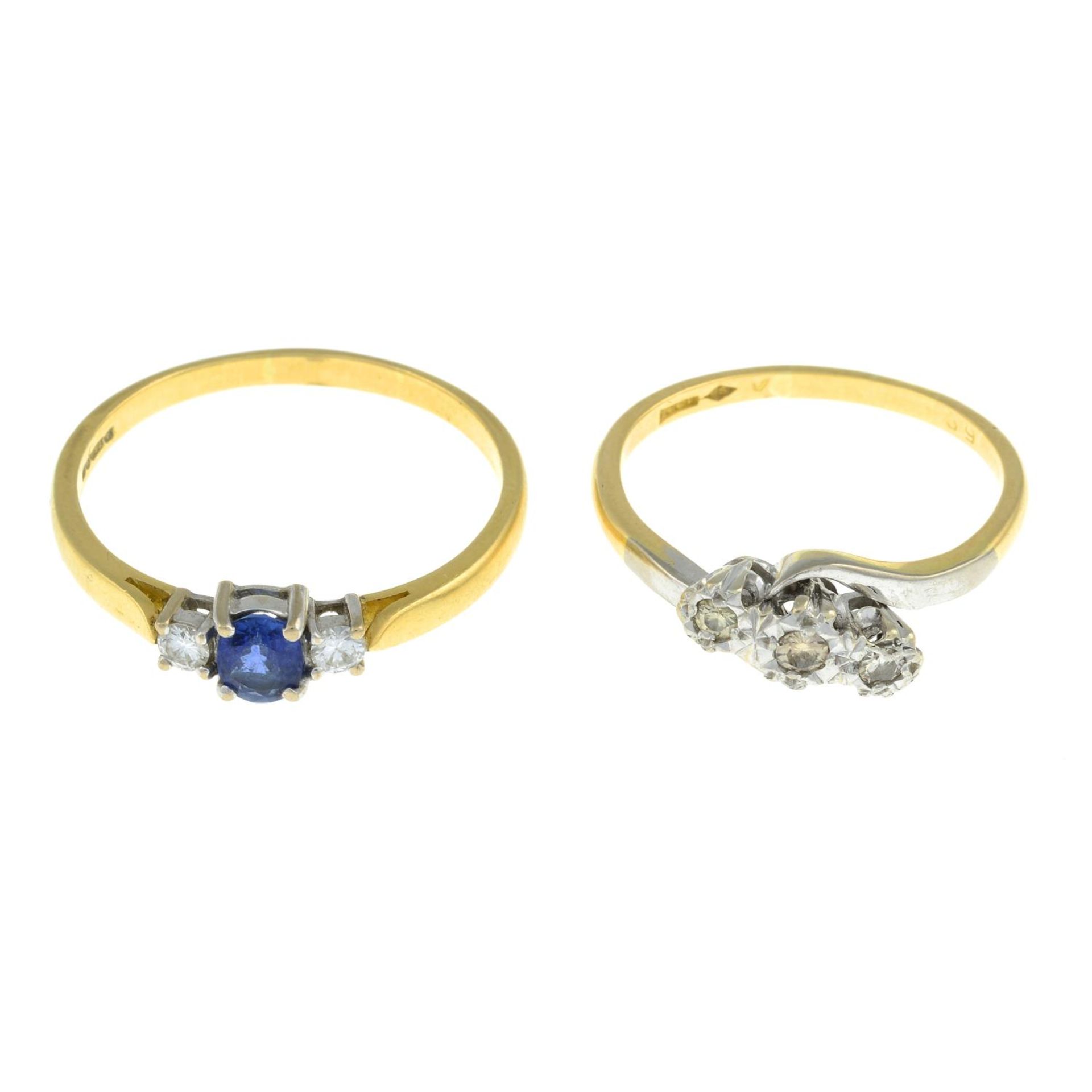 18ct gold sapphire and diamond three-stone ring,