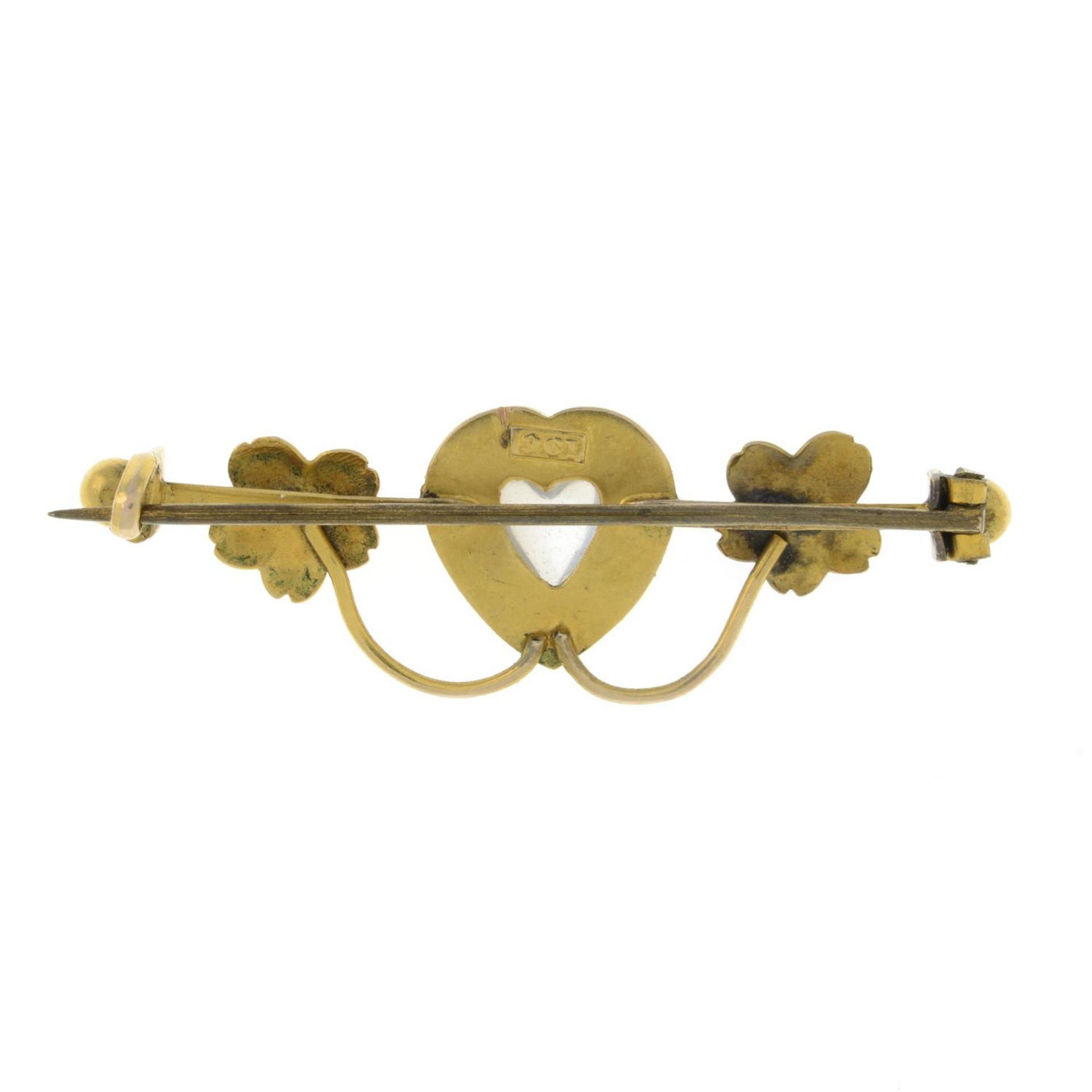 An early 20th century 9ct gold moonstone and split pearl heart bar brooch.Stamped 9ct.Length - Image 2 of 2