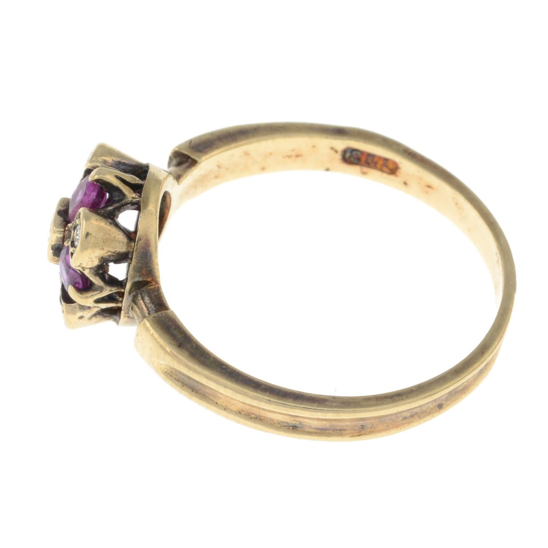 A 9ct gold ruby and single-cut diamond ring.Hallmarks for London, 1981.Ring size M. - Image 2 of 3