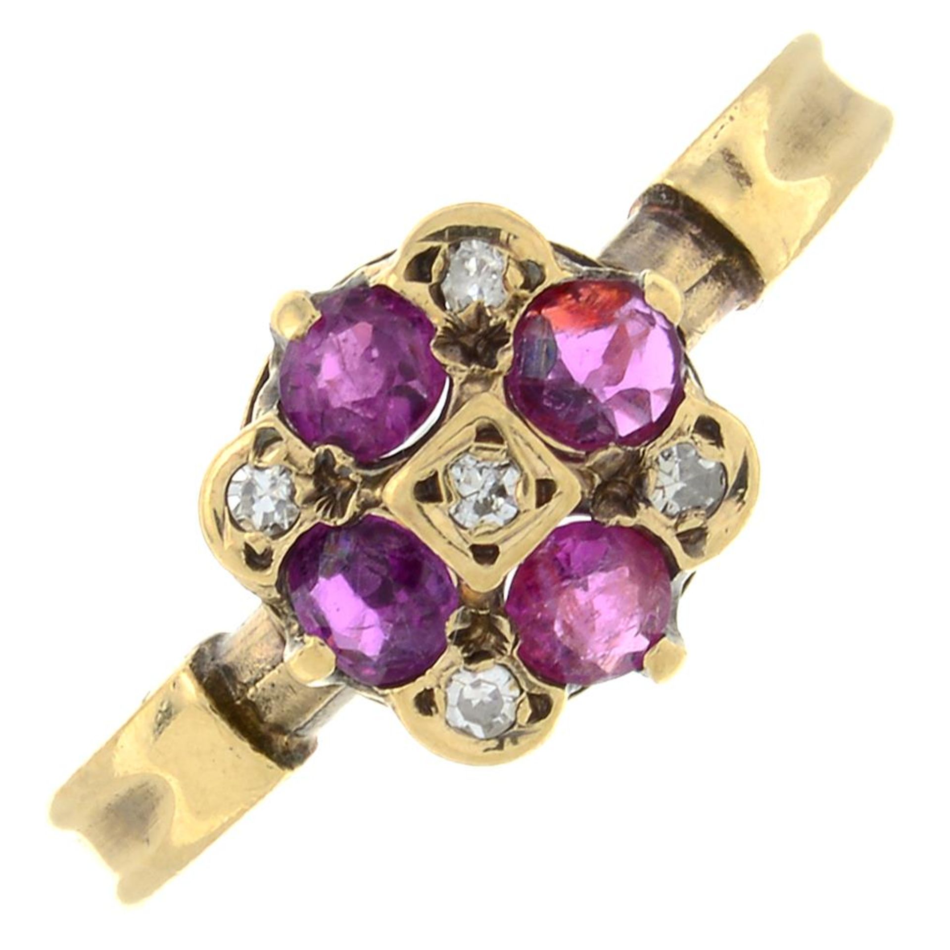 A 9ct gold ruby and single-cut diamond ring.Hallmarks for London, 1981.Ring size M.