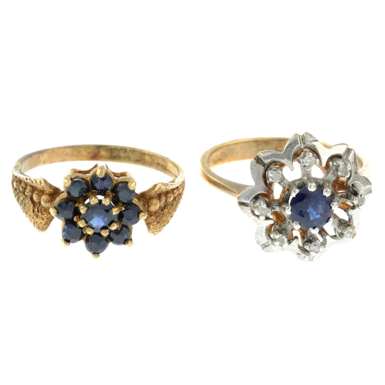 A 9ct gold sapphire and diamond ring along with a 9ct gold sapphire cluster ring.Hallmarks for