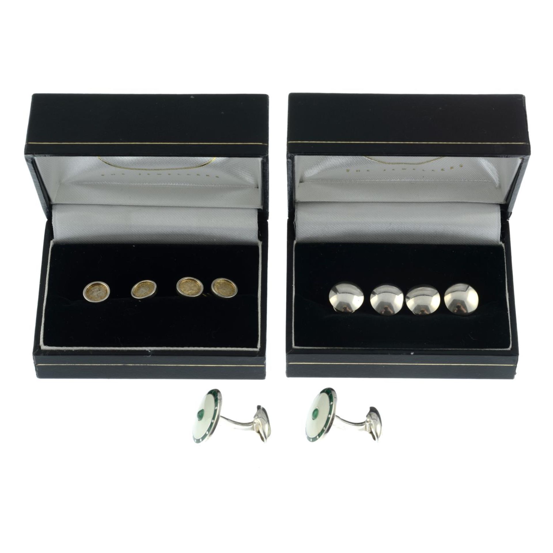 A pair of silver emerald and enamel cufflinks together with two sets of silver dress - Image 2 of 2