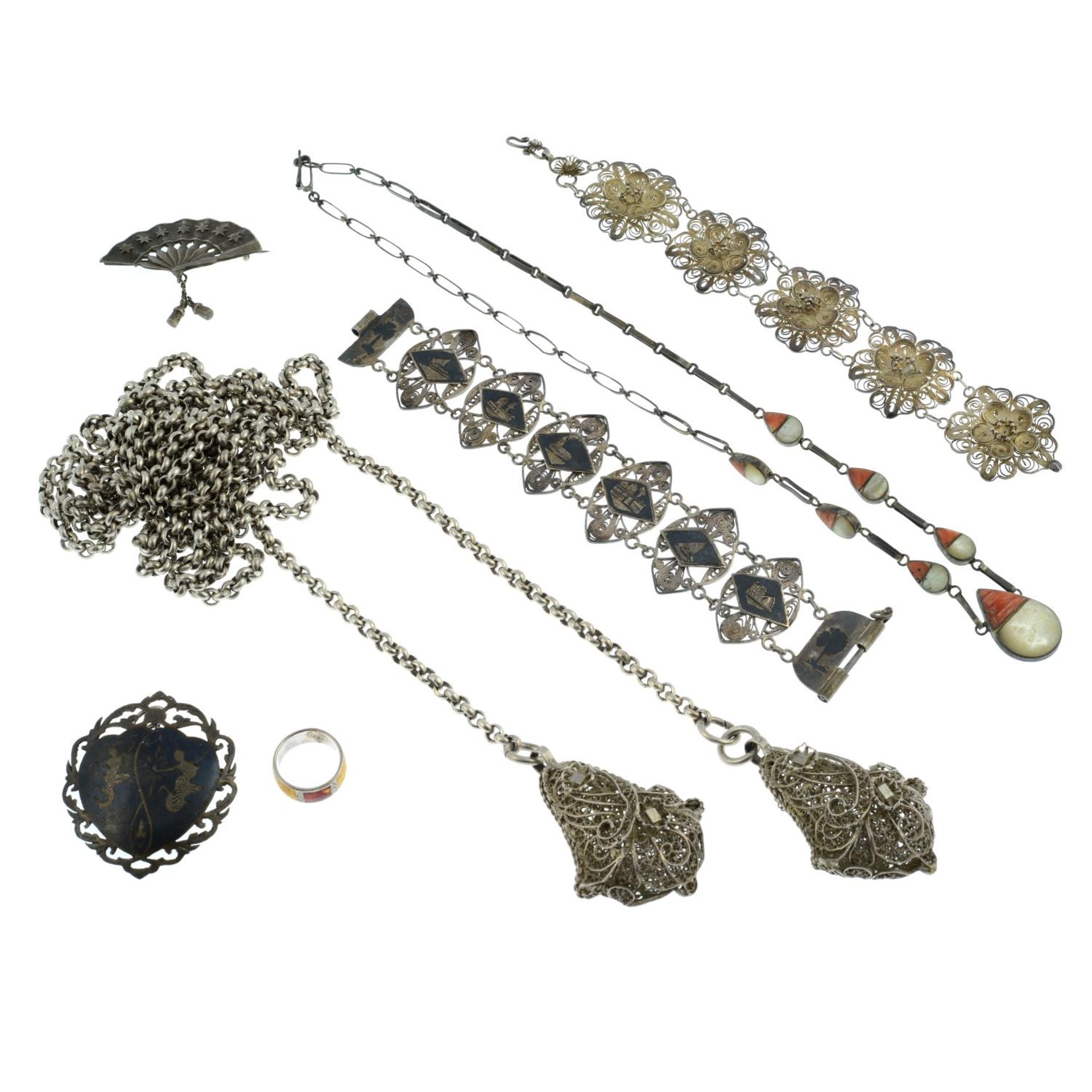 A selection of international jewellery, to include a brooch of a fan with suspended tassels. - Image 2 of 2