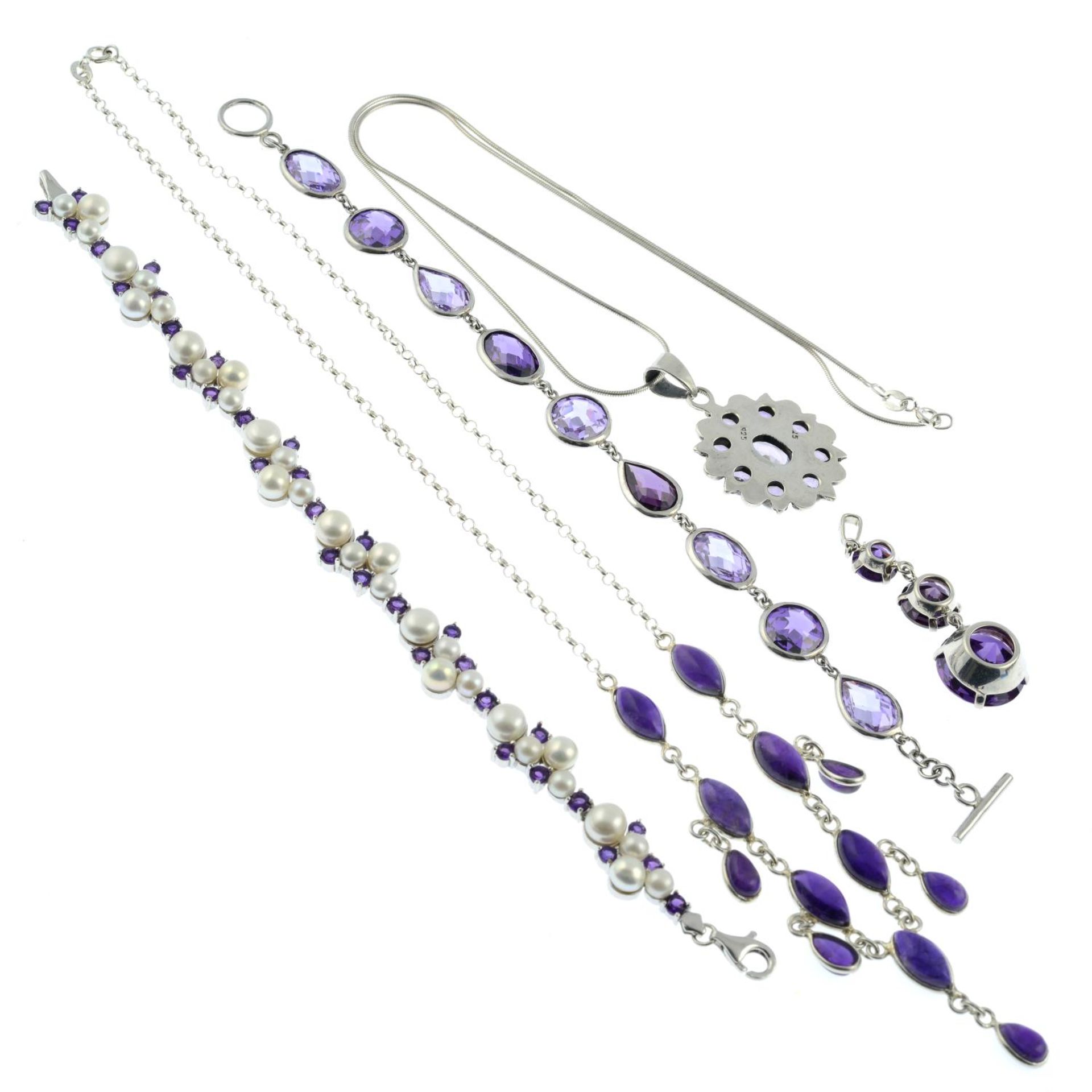 A selection of amethyst, cultured pearl and cubic zirconia jewellery.Two with Hallmarks. - Image 2 of 2