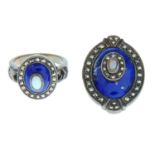 An opal, marcasite and lapis lazuli ring and brooch set,