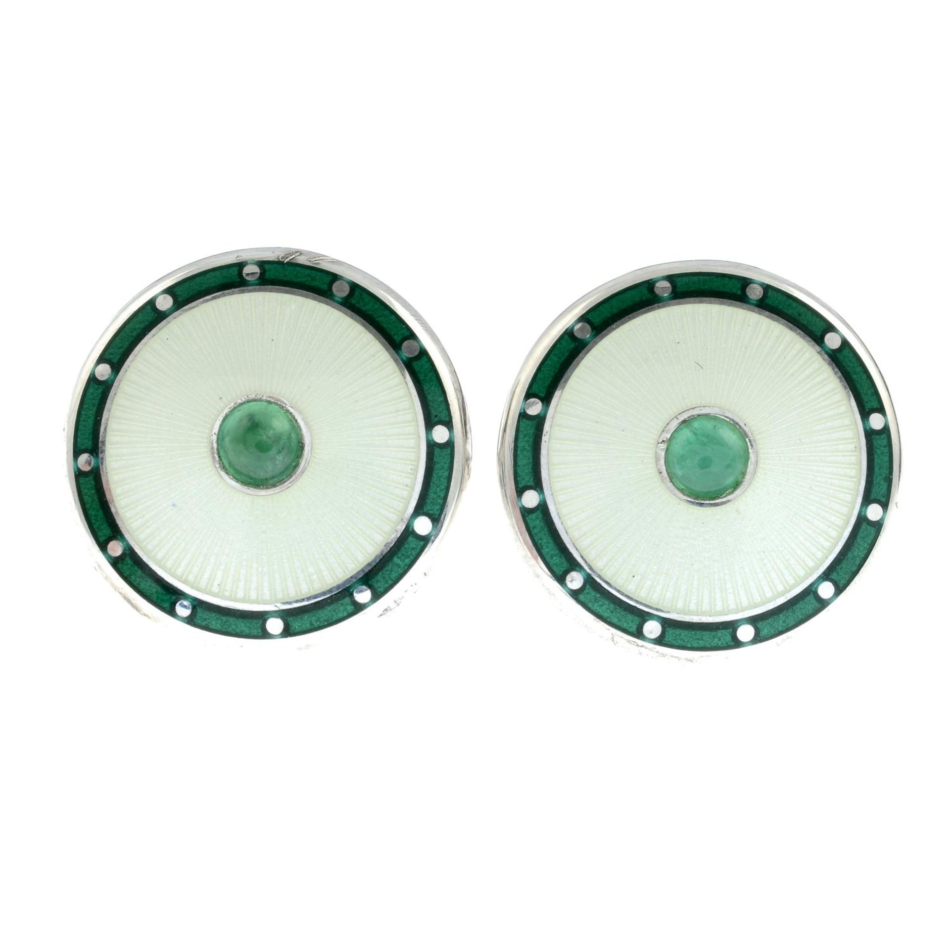 A pair of silver emerald and enamel cufflinks together with two sets of silver dress