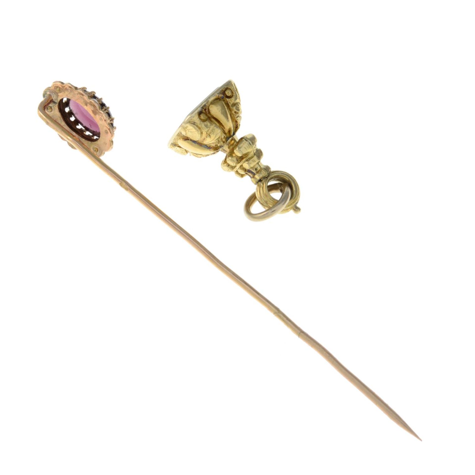 A tourmaline and split pearl stickpin and an intaglio fob.Length of fob 2cms. - Image 2 of 2